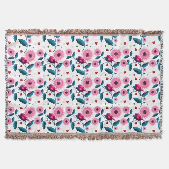 Whimsical Pink Bird Floral Botanical Design Throw Blanket (Front)