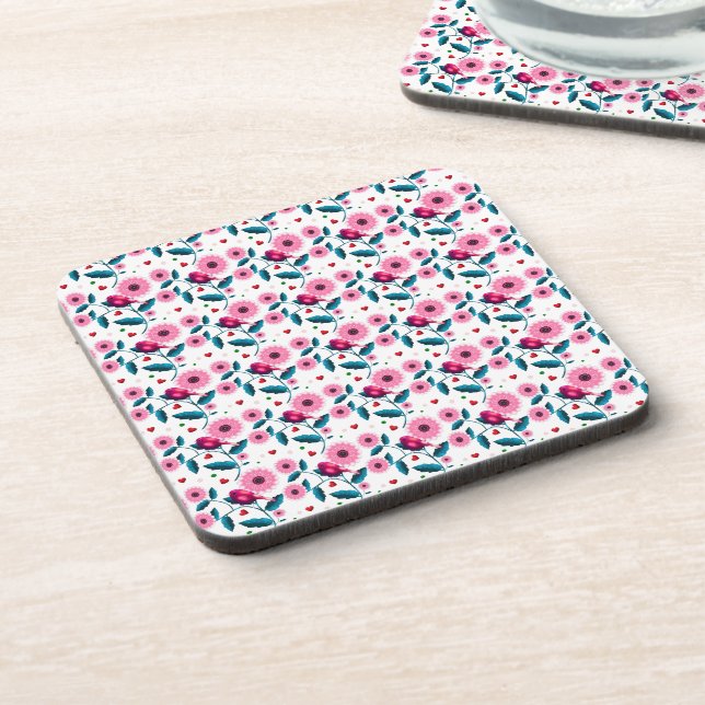 Whimsical Pink Bird Floral Botanical Design Throw Coaster (Left Side)