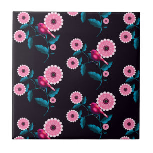 Whimsical Pink Bird Floral Botanical Design Tile