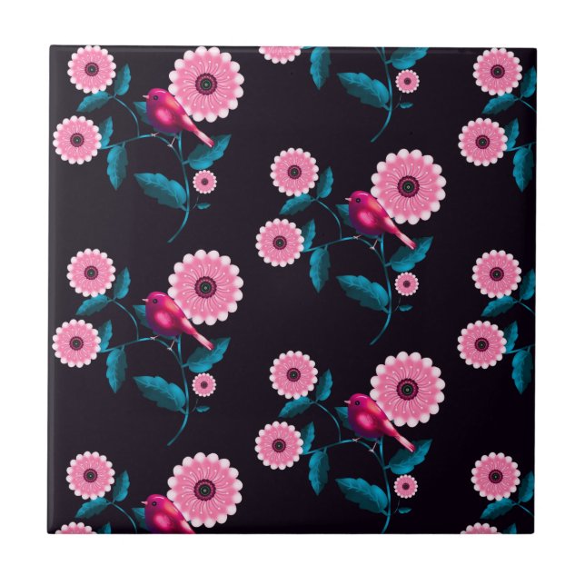 Whimsical Pink Bird Floral Botanical Design Tile (Front)
