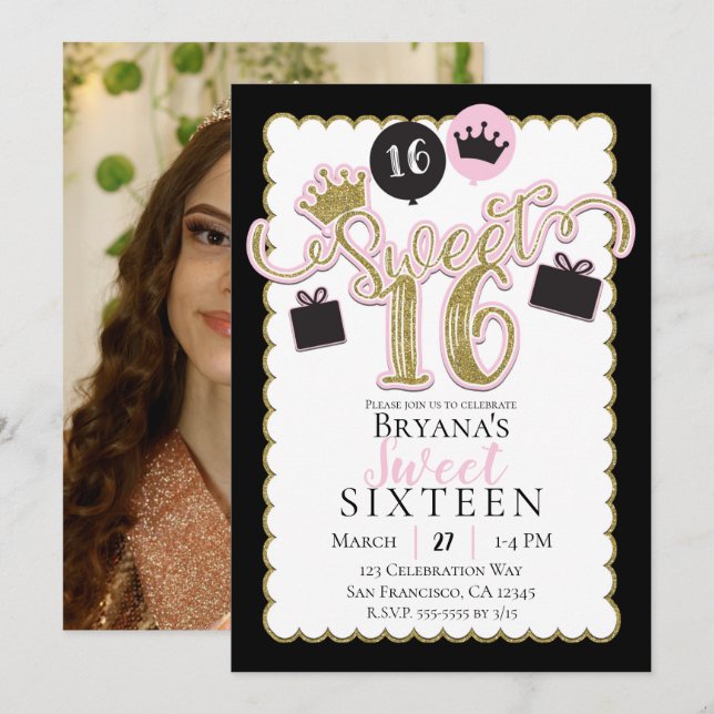 Whimsical Pink Black Sweet 16 Photo Birthday Party Invitation (Front/Back)