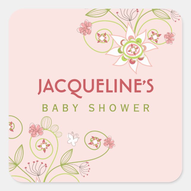 Whimsical Pink Blooms Girl Baby Shower Sticker (Front)