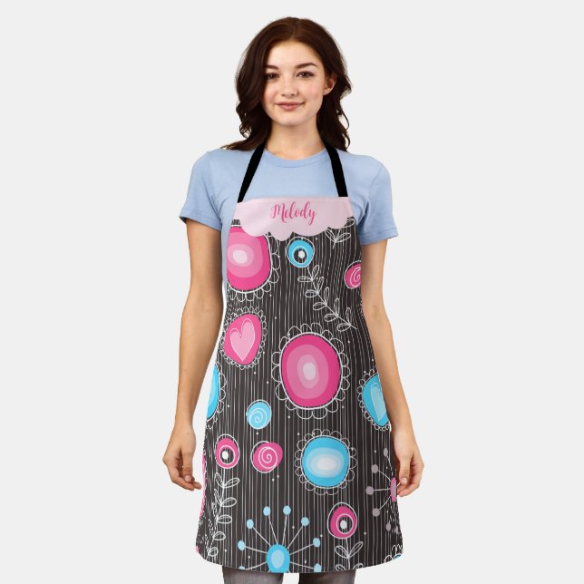 Whimsical pink blue hearts and flowers floral name apron (Worn)