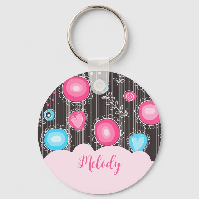 Whimsical pink blue hearts and flowers floral name keychain (Front)