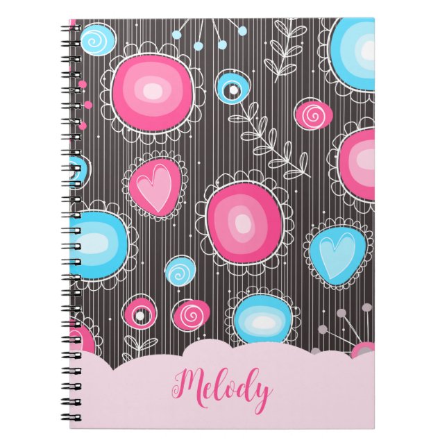 Whimsical pink blue hearts and flowers floral name notebook (Front)