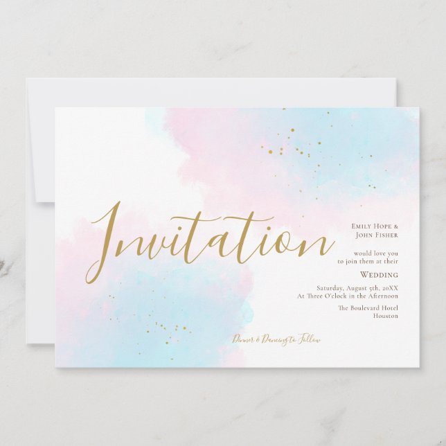 Whimsical Pink Blue Watercolor Gold Splash Wedding Invitation (Front)