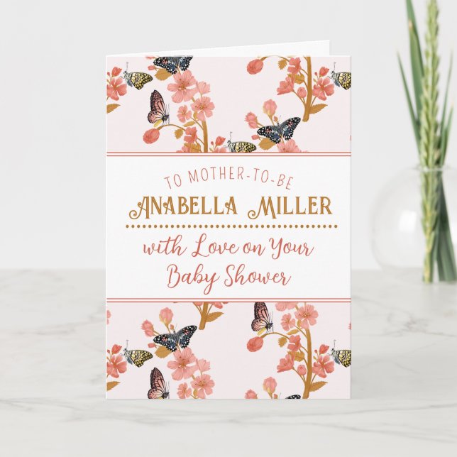 Whimsical Pink Boho Butterfly Girl Baby Shower Card (Front)