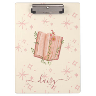 Whimsical Pink Book & Stars Personalized Clipboard