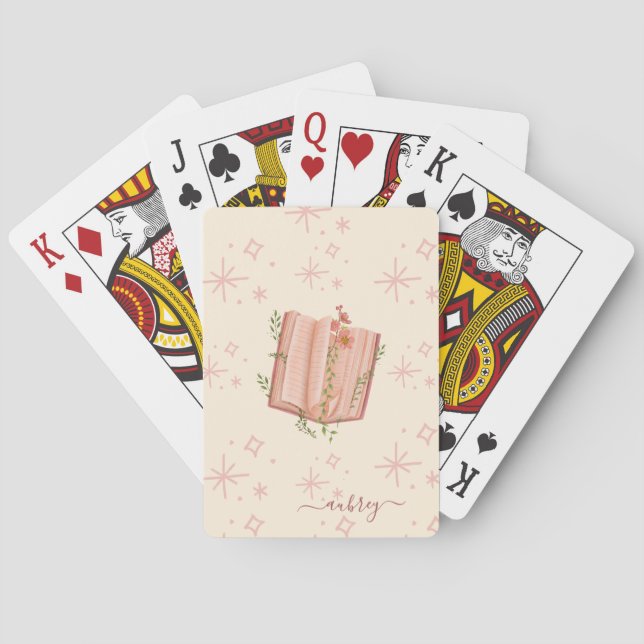 Whimsical Pink Book & Stars Personalized Playing Cards (Back)