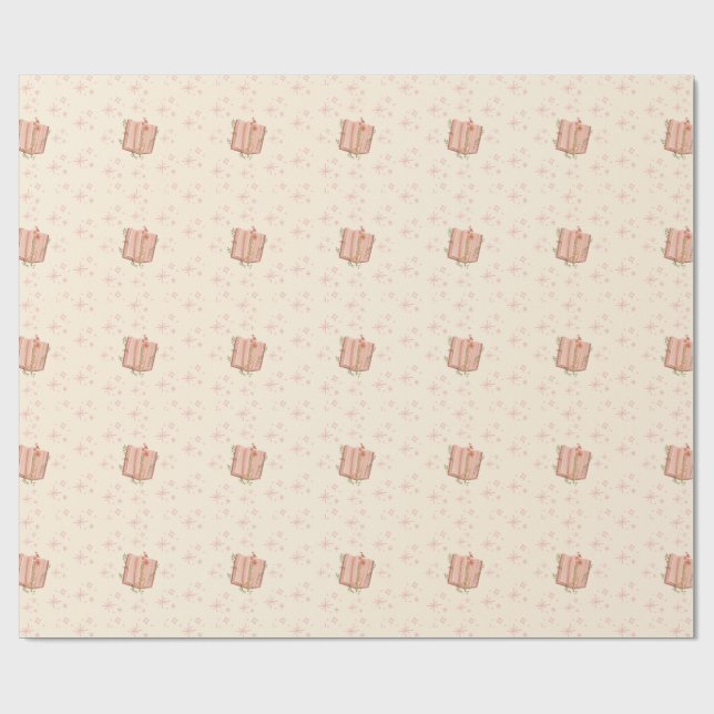 Whimsical Pink Book & Stars Wrapping Paper (Flat)