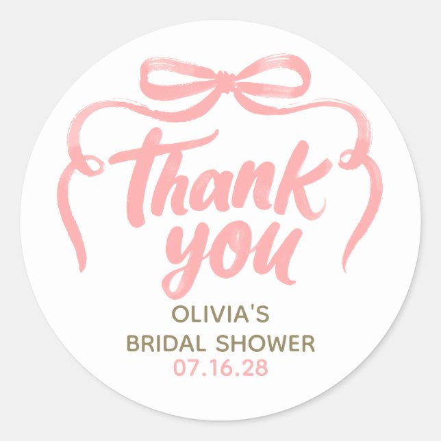 Whimsical Pink Bow Bridal Shower Thank You  Classic Round Sticker (Front)