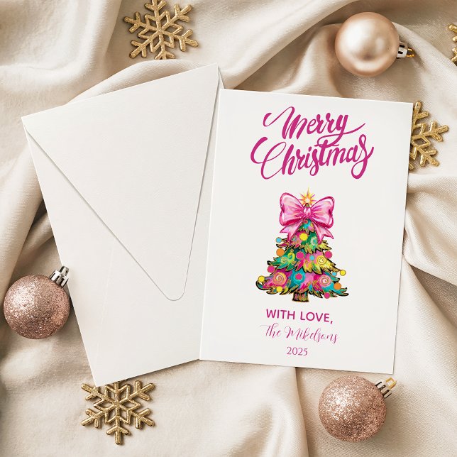 Whimsical Pink Bow Christmas Tree Holiday Card (Creator Uploaded)