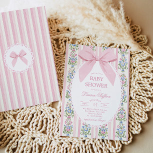 Whimsical Pink Bow Floral Baby Shower Invitation