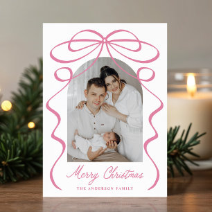 Whimsical Pink Bow Ribbon Christmas Arch Photo Holiday Card