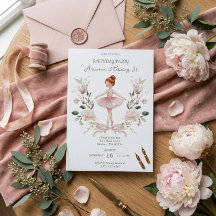 Whimsical Pink Bow & Watercolor Ballerina Birthday