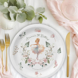 Whimsical Pink Bow & Watercolor Ballerina Birthday Paper Plate