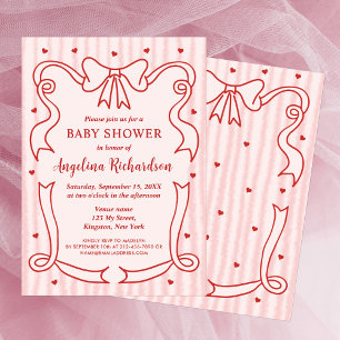 Whimsical Pink Bow Wavy Frame Girl Baby Shower Invitation