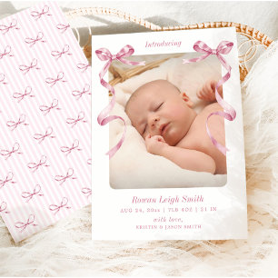 Whimsical Pink Bows Baby Birth Announcement