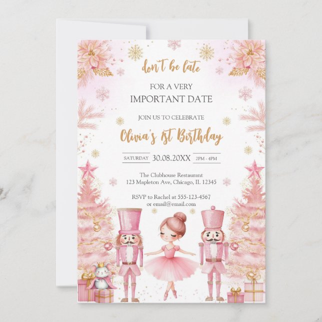 Whimsical Pink Brown Bows Ballerina Birthday Invitation (Front)
