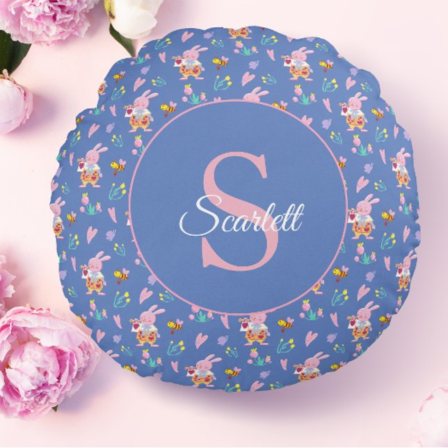 Whimsical Pink Bunny & Flowers Blue Monogram Round Pillow (Creator Uploaded)