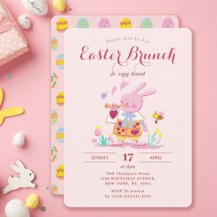 Whimsical Pink Bunny Garden Easter Brunch Egg Hunt Invitation