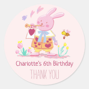 Whimsical Pink Bunny in Garden Watercolor Classic Round Sticker