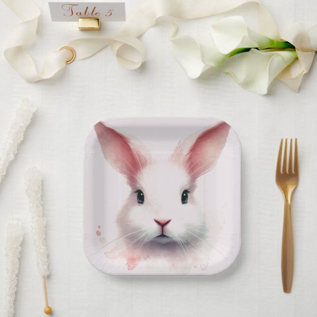 Whimsical Pink Bunny-Watercolor Pastel Paper Plate (Wedding)