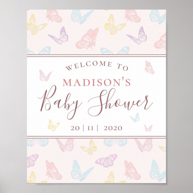 Whimsical Pink Butterfly Baby Shower Welcome Sign (Front)