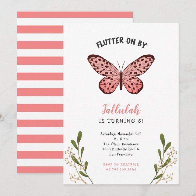 Whimsical Pink Butterfly Girl Birthday Party Invitation (Front/Back)
