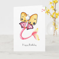 Whimsical Pink Butterfly Mermaid Happy Birthday 