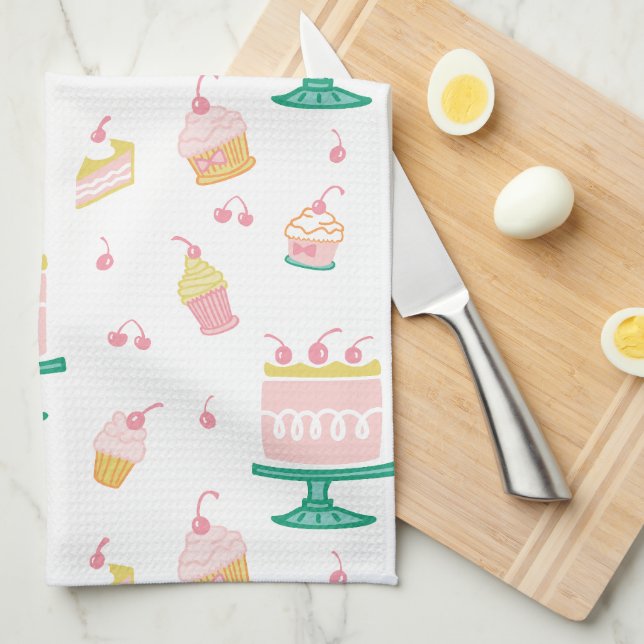 Whimsical Pink Cake and Cupcakes Kitchen Towel (Quarter Fold)