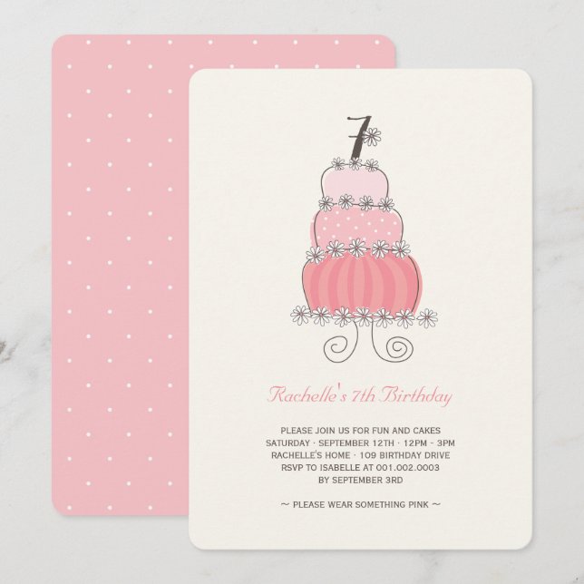 Whimsical Pink Cake Girl 7th Birthday Party Invite (Front/Back)