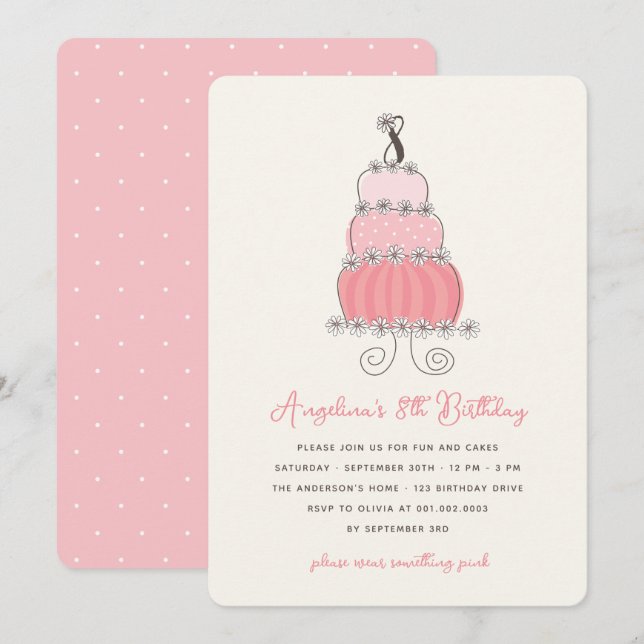Whimsical Pink Cake Girl 8th Birthday Party Invite (Front/Back)