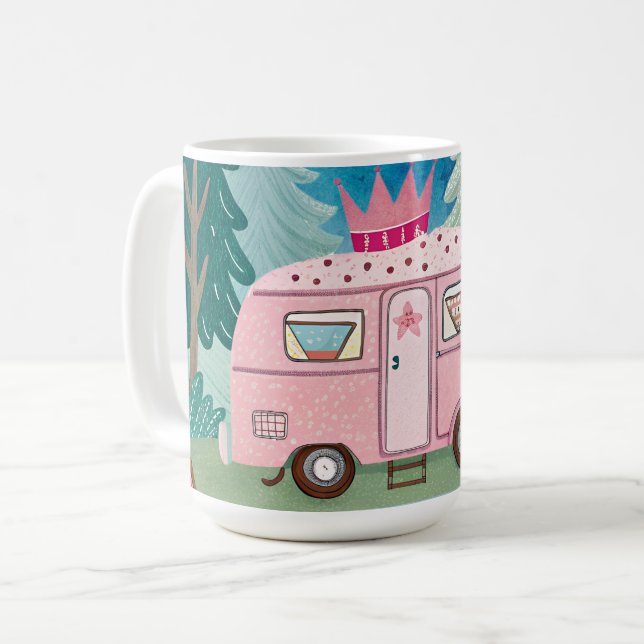 Whimsical Pink Camper Van Camping Scene Coffee Mug (Front Left)