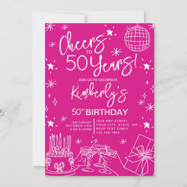 Whimsical Pink Cheers to 50 Years Birthday Invitation (Front)