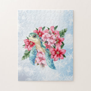 Whimsical Pink Christmas Floral Sea Turtle Jigsaw Puzzle