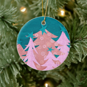 Whimsical Pink Christmas Tree Ceramic Ornament