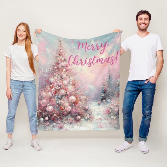 Whimsical Pink Christmas Tree Personalized Fleece Blanket (In Situ)