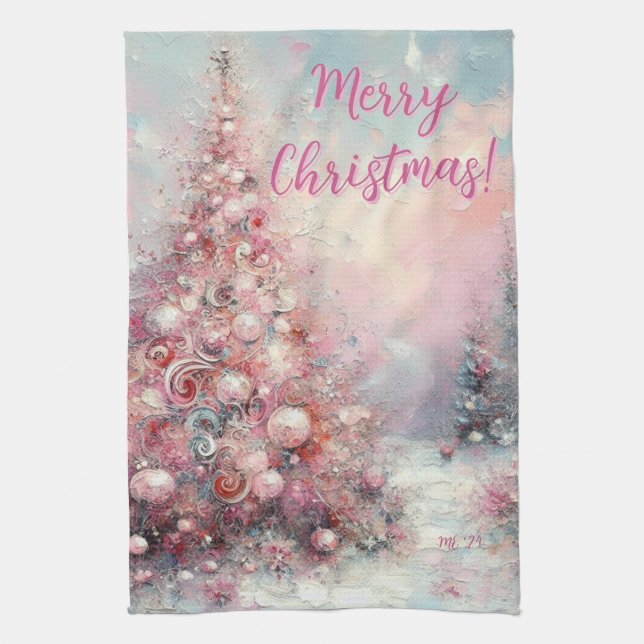 Whimsical Pink Christmas Tree Personalized Kitchen Towel (Vertical)