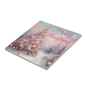 Whimsical Pink Christmas Tree Personalized Tile