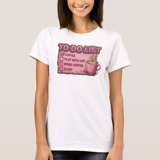Whimsical Pink COFFEE PLAY WITH CAT Trendy Tee (Front)