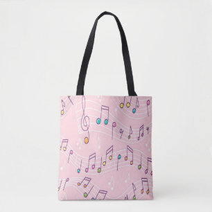 whimsical pink colourful music note musical tote bag