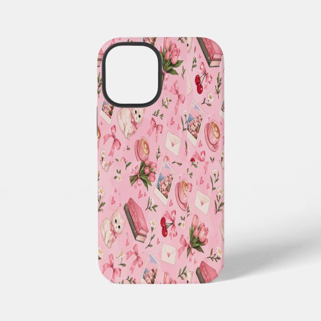 Whimsical Pink Cozy Kittens Floral Cherry Pattern iPhone Case (Back)