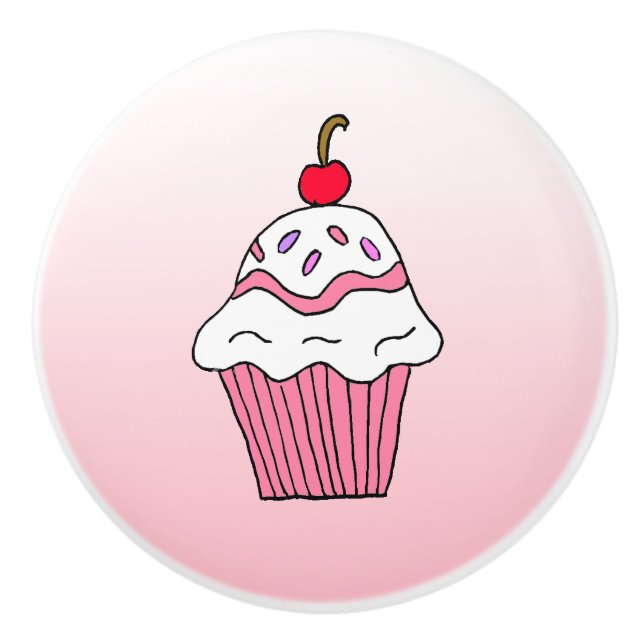 Whimsical Pink Cupcake with Cherry on Top Ceramic Knob (Front)