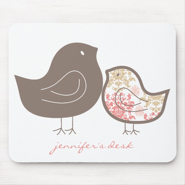 Whimsical Pink Damask Mom And Cute Girl Baby Chick Mouse Pad (Front)