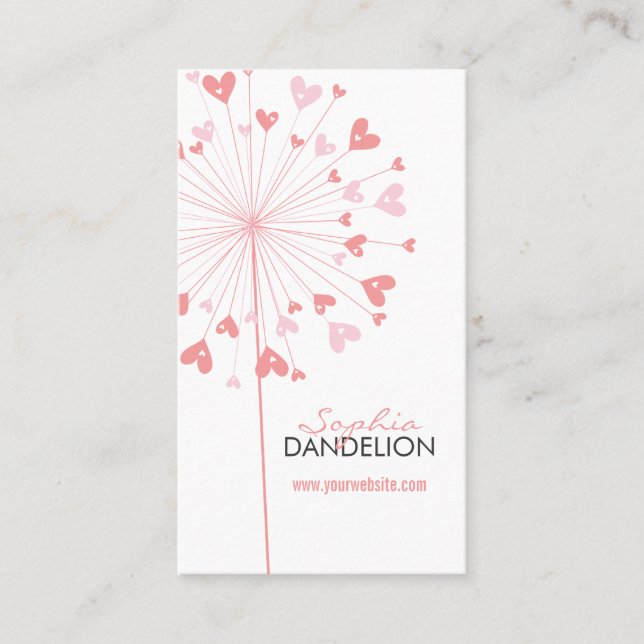 Whimsical Pink Dandelions Love Hearts Modern Chic Business Card (Front)