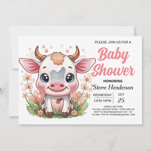 Whimsical Pink Digital Cow Baby Shower Invitation (Front)