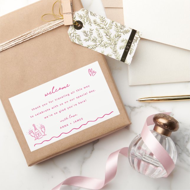 Whimsical Pink Doodle Wedding Welcome Bag Sticker (Gifting)