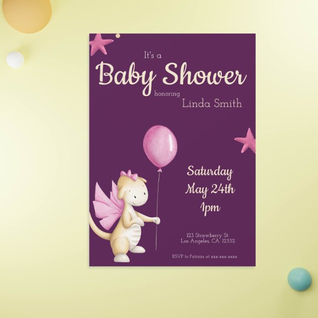 Whimsical Pink Dragon & Balloon Girl Baby Shower  Invitation (Creator Uploaded)