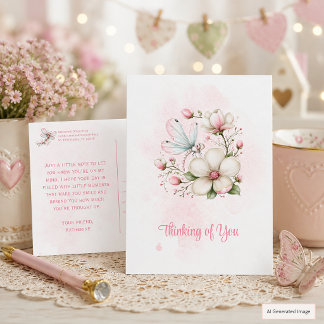 Whimsical Pink Dragonfly & Flower Thinking of You Postcard